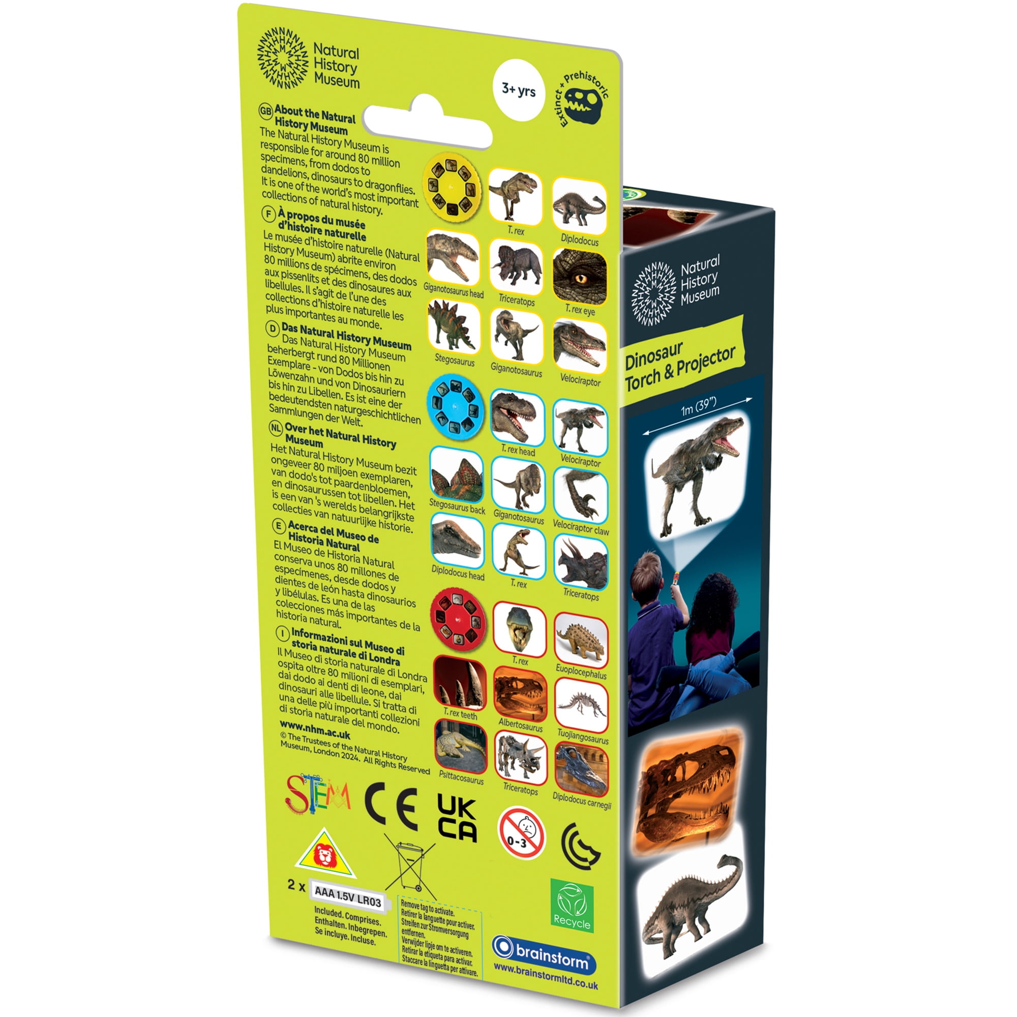 Natural History Museum: Dinosaur Torch & Projector - Handheld Flashlight & Image Casting Toy, 24 Color Themed Slide Images, 39" Projection, Kids 3+