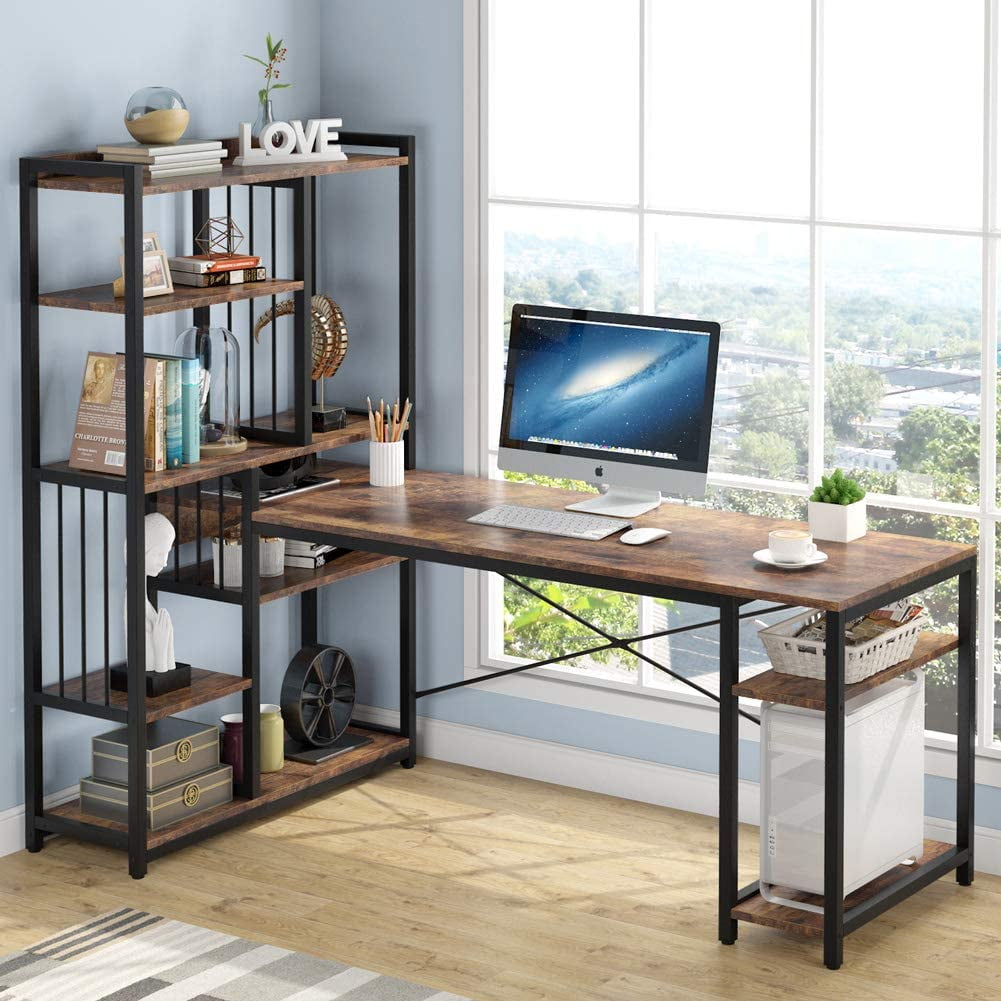 67 inch Large Office Desk Study Writing Table Workstation with Corner Bookshelf and Tower Shelf for Home Office Tribesigns Modern Computer Desk with 5 Tier Storage Shelves Black 