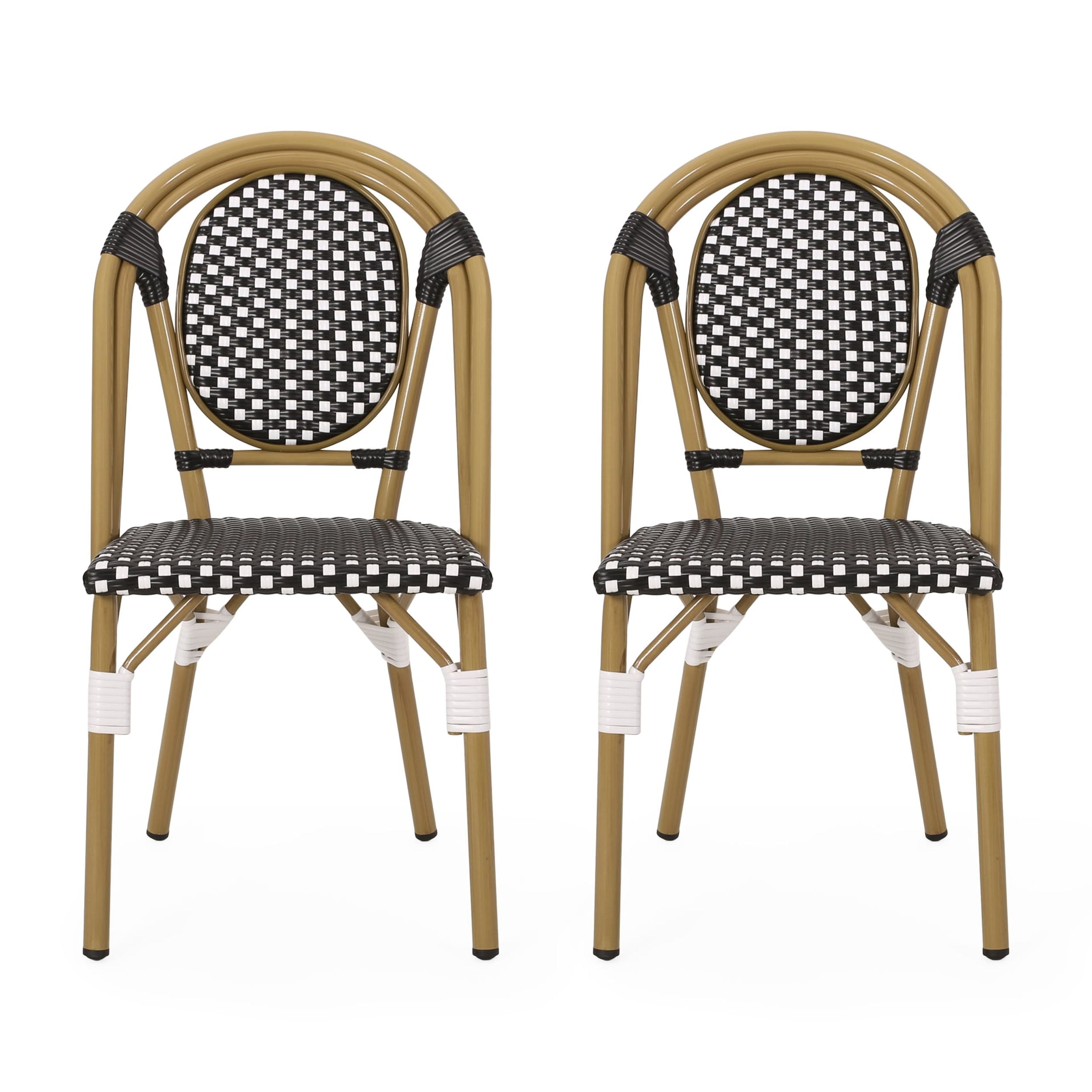 Outdoor French Style Leisure Chair Set of 2, PE Rattan and Aluminum Frame Seats for Patio Garden, Black and White