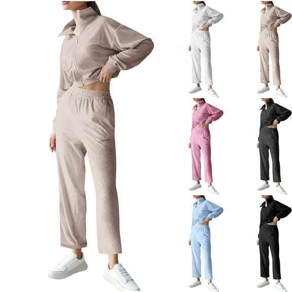 UPPADA Women's 2 Piece Outfits Long Sleeve Velvet Tops and Comfy Wide Leg Pants Two Piece Lounge Sets Tracksuits Matching Ladies Lounge Fleece Set with Pockets Beige,L