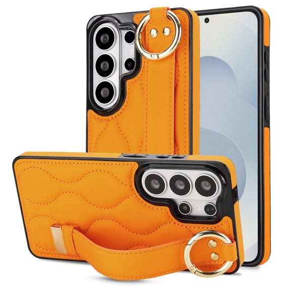 ELEHOLD for Samsung Galaxy S26 Ultra Protective Case,  Shockproof PU Leather Ring Holder Kickstand Wrist Strap Cover for Women Men,Orange
