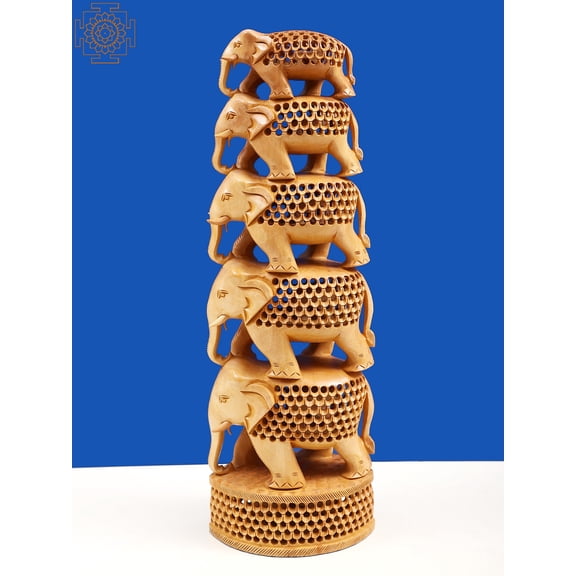 17" Wooden Elephant Tower Showpiece | Home Decor