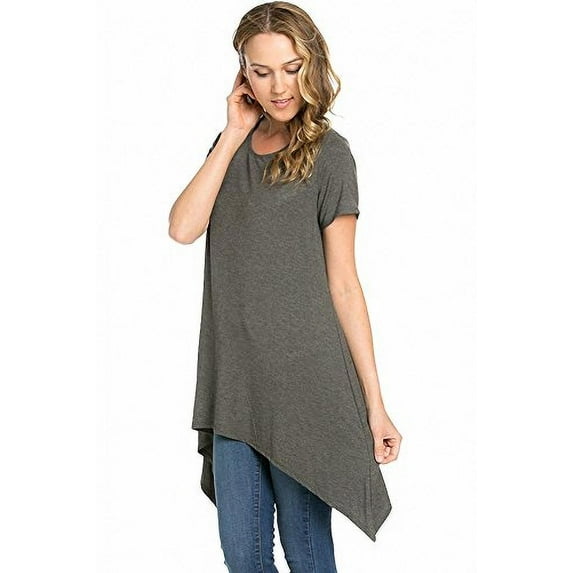 Sassy Apparel Women's Round Neck Asymmetric Hemline Fashion T-shirt Top (Charcoal)