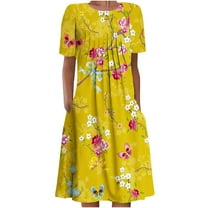 IROINNID Summer Dresses for Women Women Beach Knee Length Dresses with Round Neck and Short Sleeve Ruffled Floral Summer Outfits Dress