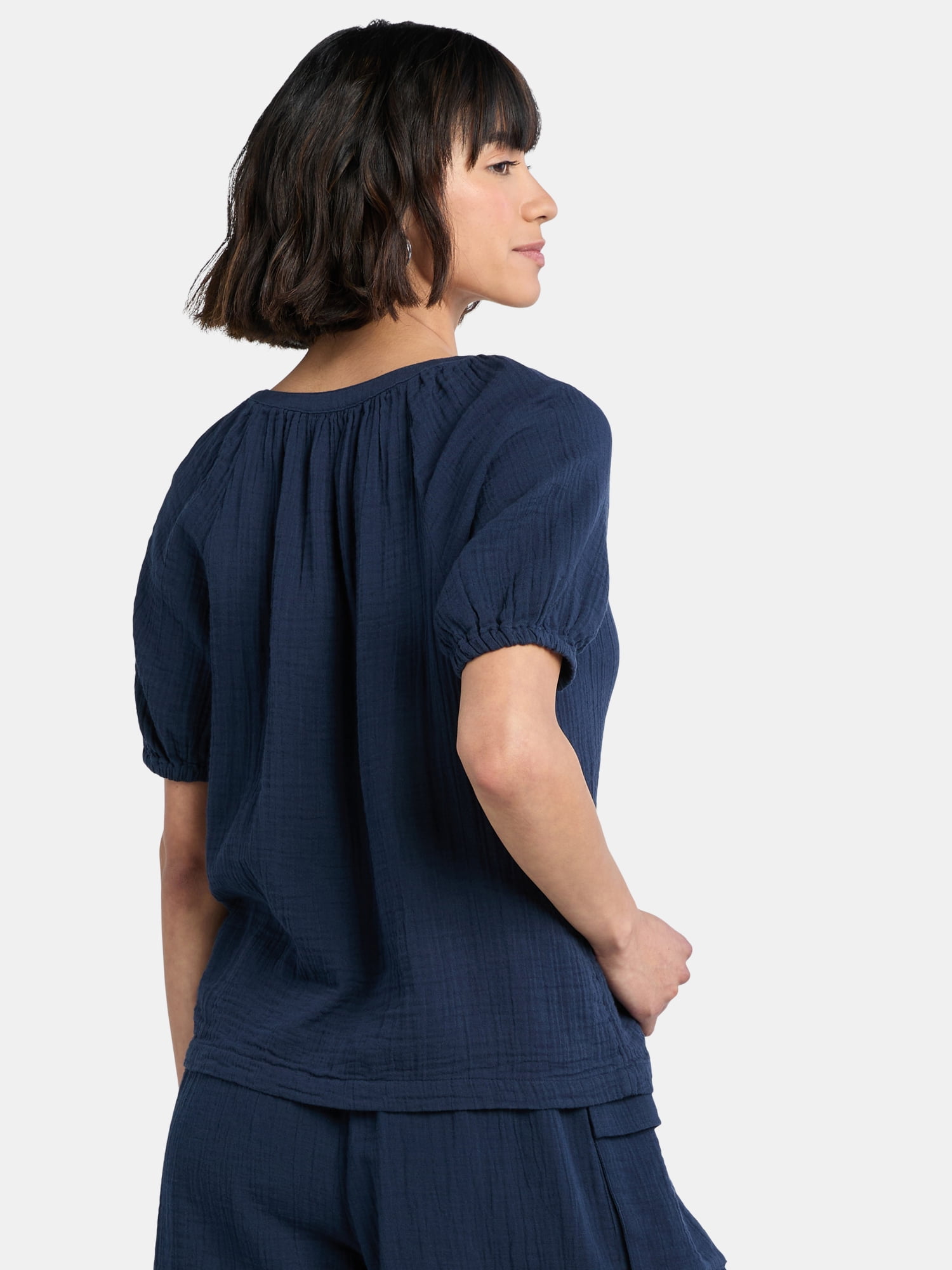 Time and Tru Women's Double Cloth Cotton Top with Short Sleeves, Sizes XS-XXXL