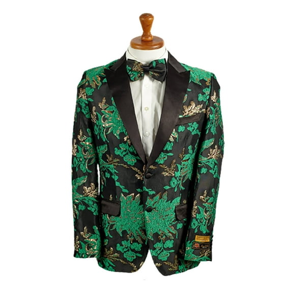 Mens 2 Button Hunter Green, Gold, & Black Floral Paisley Tuxedo Blazer By Alberto Nardoni Brand Designer