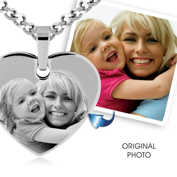 Photos Engraved - Custom Photo Engraved Heart Pendant in Stainless Steel - Free reverse side engraving - 18 in chain included - W-MHPM