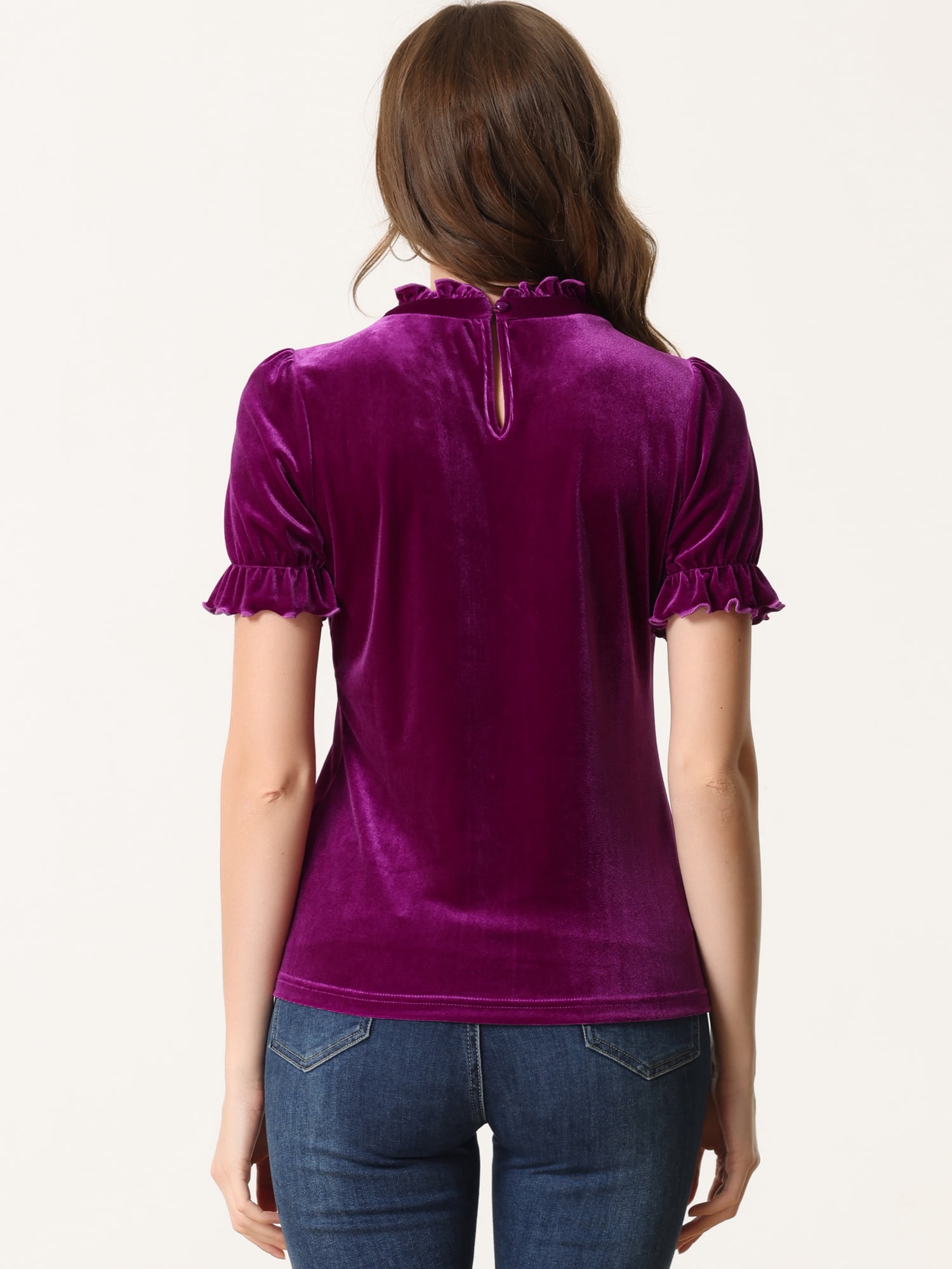 DARING DIVA Women's Ruffle Collar Shirt Velvet Tops Blouse XL Purple
