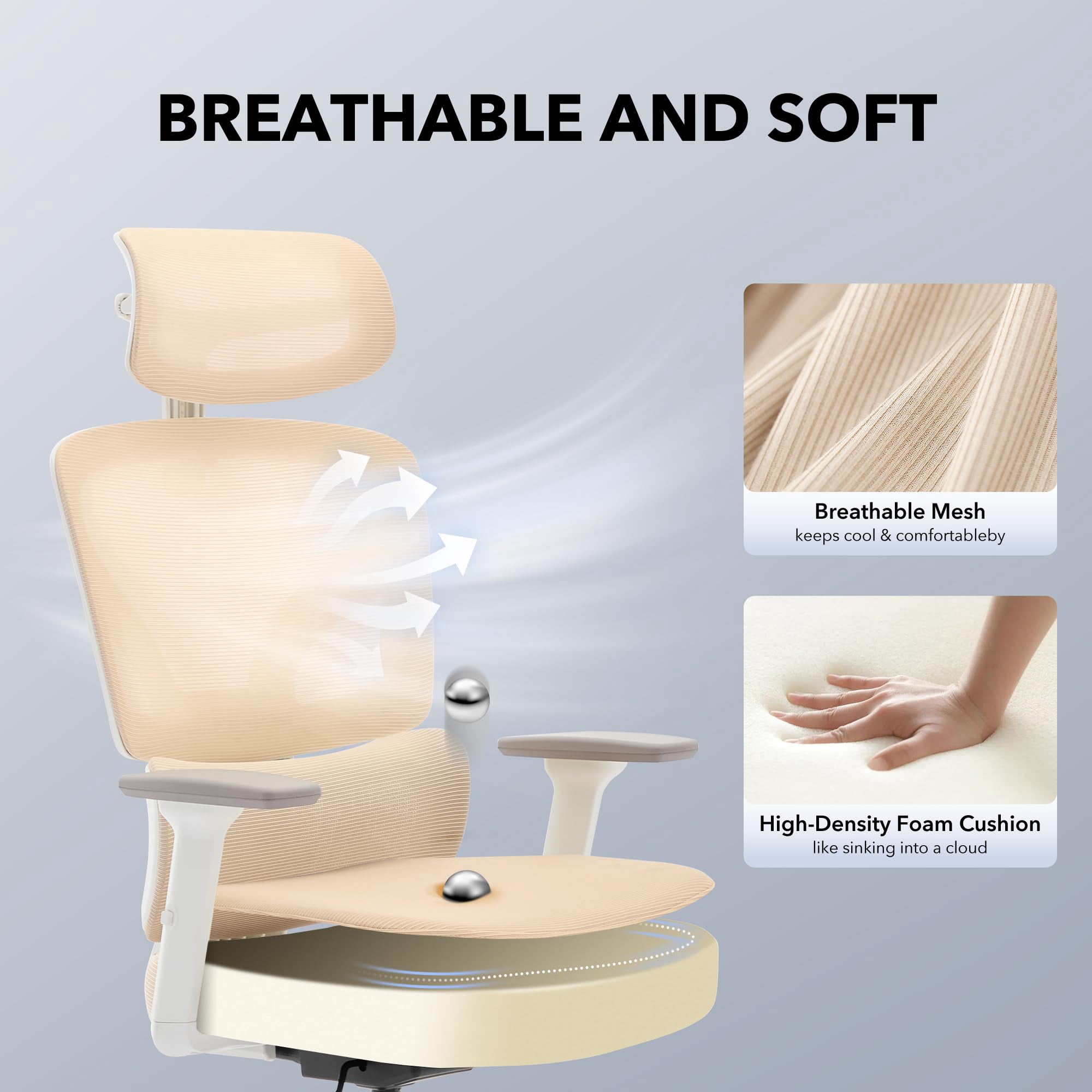 Ergonomic High-Back Mesh Office Chair – Adjustable Lumbar, 3D Armrests, Headrest & Recline – Breathable Swivel Desk Chair, Supports 300 lbs – White Frame & Beige, Electroplated Base
