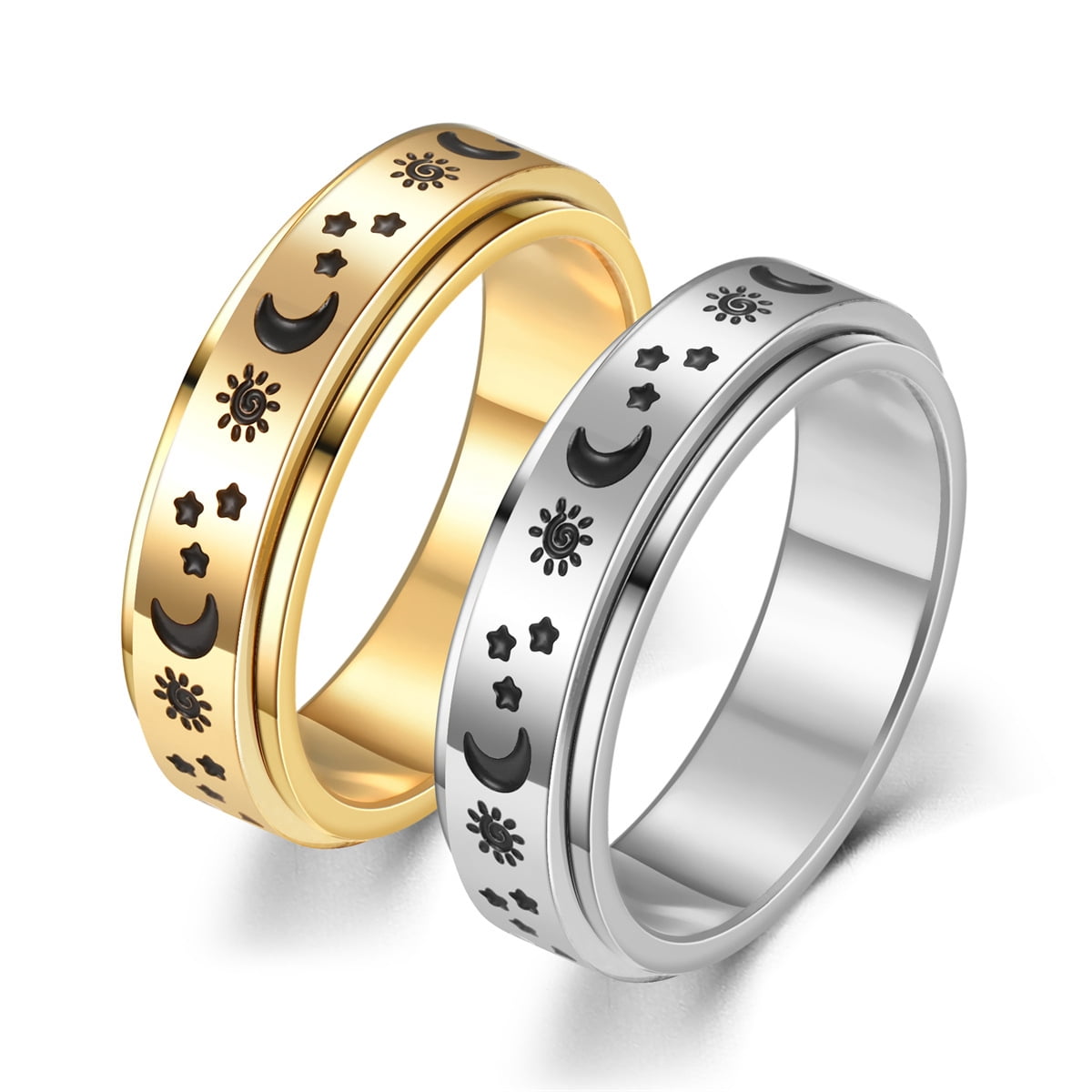 Anxiety Fidget Spinner Rings for Men Women Moon Star 14K Yellow Gold Spinning Rotate Ring Punk Cool Anti Stress Jewelry