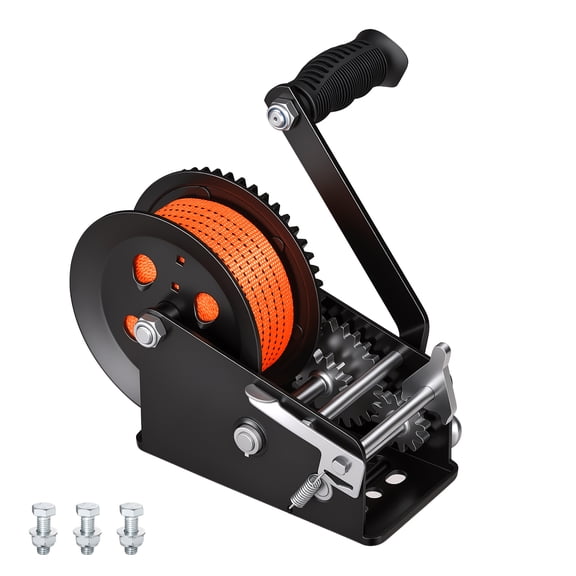 KFFKFF 3500 lbs Manual Boat Winch with 20ft Orange Polyester Strap, Two-Way Ratchet, 2-Speed Switch, and Anti-Slip Handle for Trailer and ATV Towing