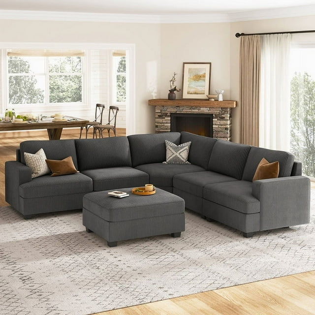 HONBAY Modular Sectional Sleeper Sofa Bed Corduroy Convertible 6-Seater with Flexible Storage Chaises for Living Room, Dark Grey