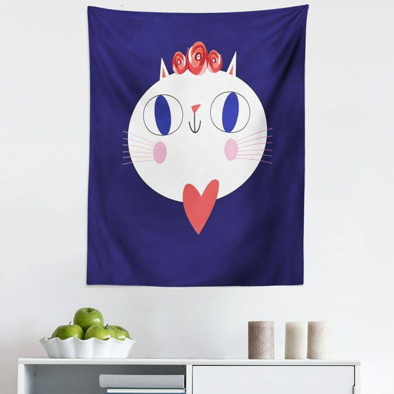 Blue Cat Tapestry, Funny White Kitty with Delicate Romantic Roses Chaplet Illustration, Fabric Wall Hanging Decor for Bedroom Living Room Dorm, 5 Sizes, Indigo White Dark Coral, by Ambesonne