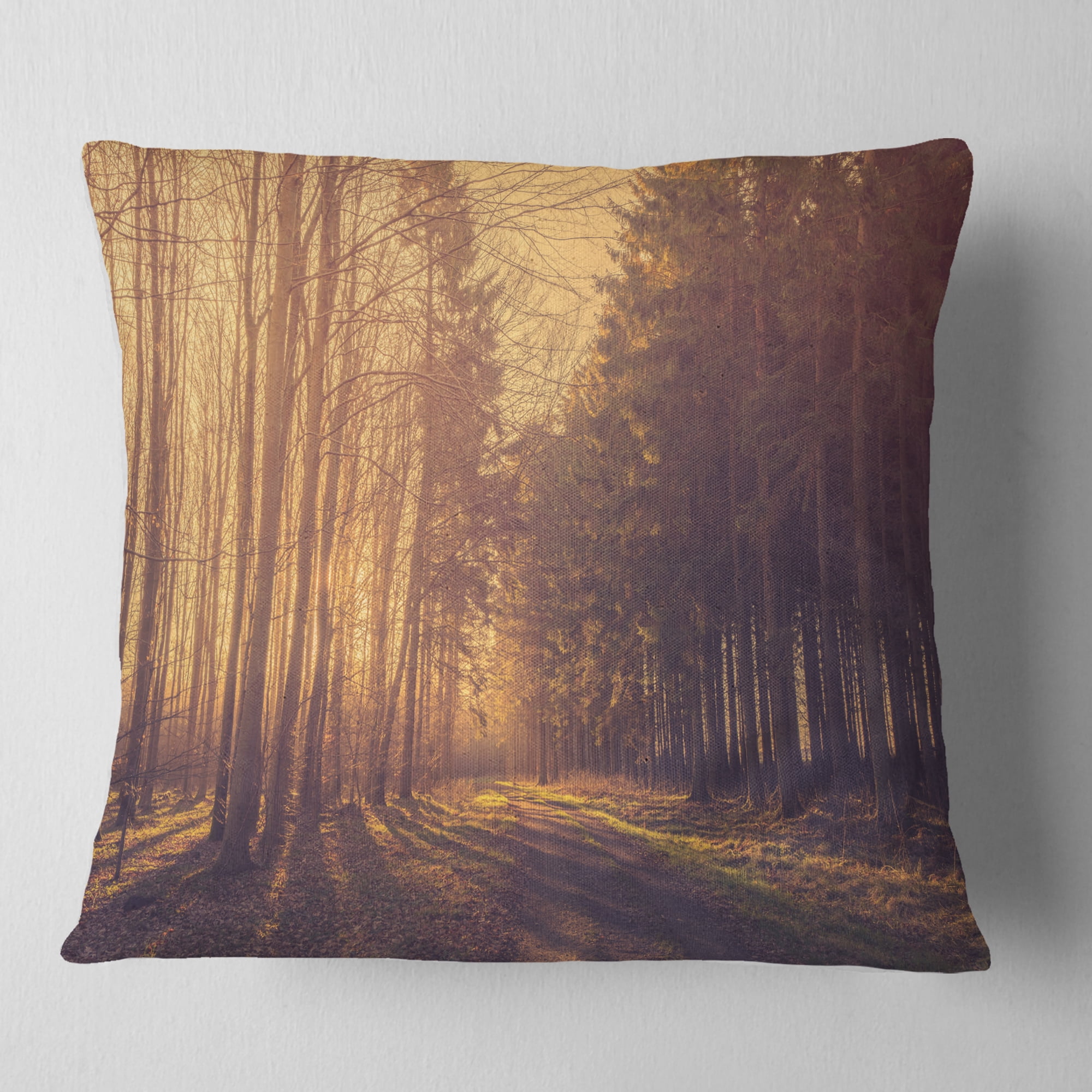 Designart Pine Tree Forest by Road - Landscape Photo Throw Pillow - 18x18