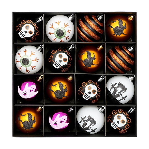 yulier 16 Pcs Halloween Balls Hanging Ornaments, Glitter Witch Ghost Skull Plastic Balls Halloween Tree Decorations for Home Holiday Party Decor, 2.36inch