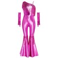 thumbnail image 4 of TiaoBug Kids Girls' Metallic Bell Bottom Jumpsuit Sleeveless One Shoulder One Piece Dance Outfits with Gloves Hot Pink 16, 4 of 6