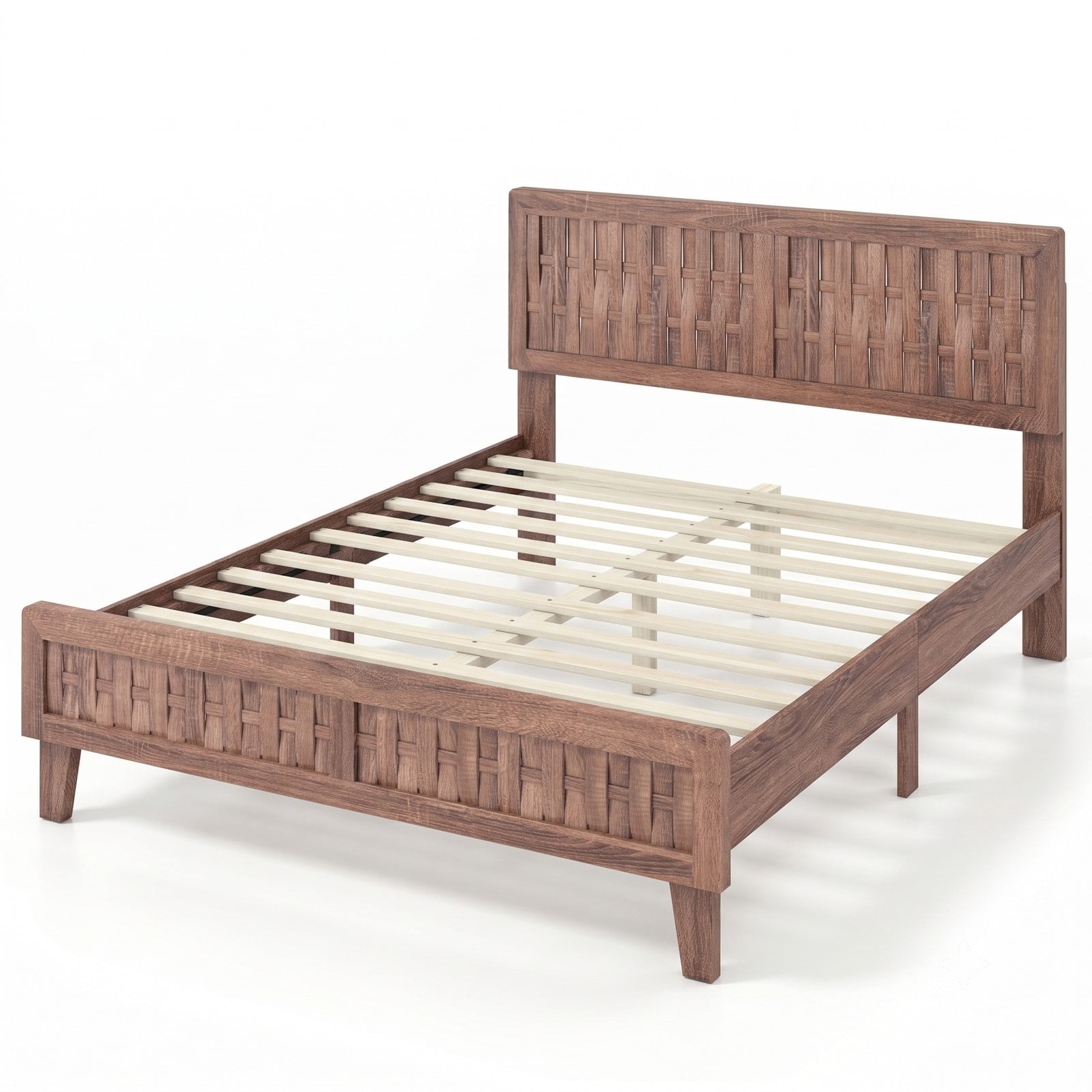 Furnibear Queen Size Mid Century Wood Platform Bed Frame with Woven Accent Headboard and Footboard for the Bedroom, Walnut