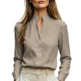 thumbnail image 3 of VBVC Women's Linen Stand Collar V Neck Blouse, Ladies' Long Sleeve Work Shirt, Elegant Office Top For Women, Beige , S-2XL, 3 of 8