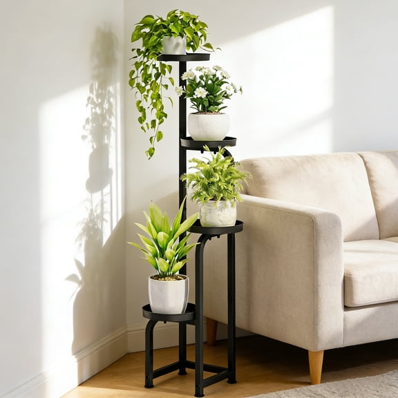 4 Tier Plant Stand Indoor Outdoor, Metal Plant Shelf for Multiple Plants, Corner Flower Stand Display Rack for Living Room Balcony Bedroom Patio Garden, Black