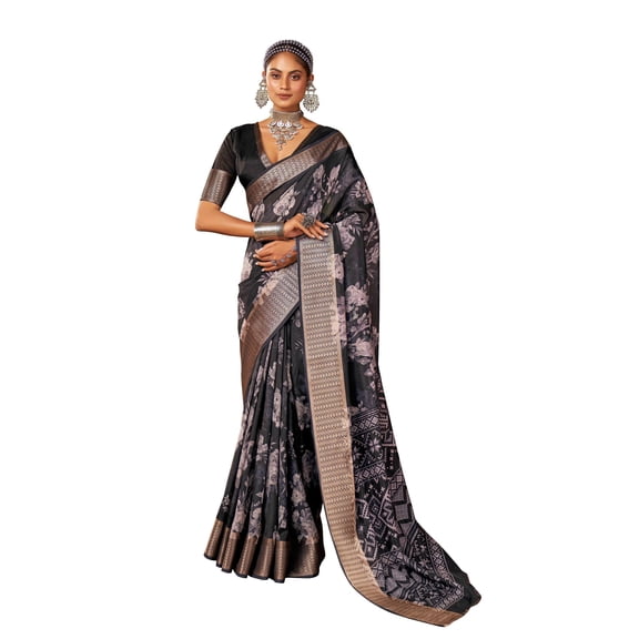 Traditional Ethnicwear Charcoal Grey Cotton Silk Digital Floral Print Saree