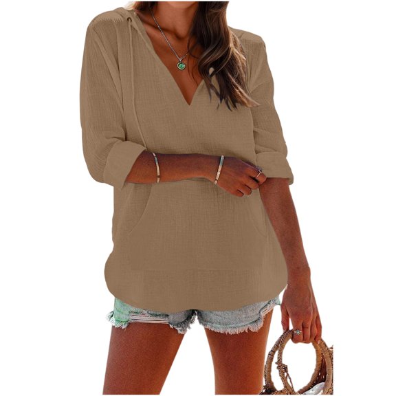 Women's Beach Cover Up Hoodies Sweatshirt Long Sleeve Sun Protection V Neck Breathable Shirt Top with Pockets Khaki S