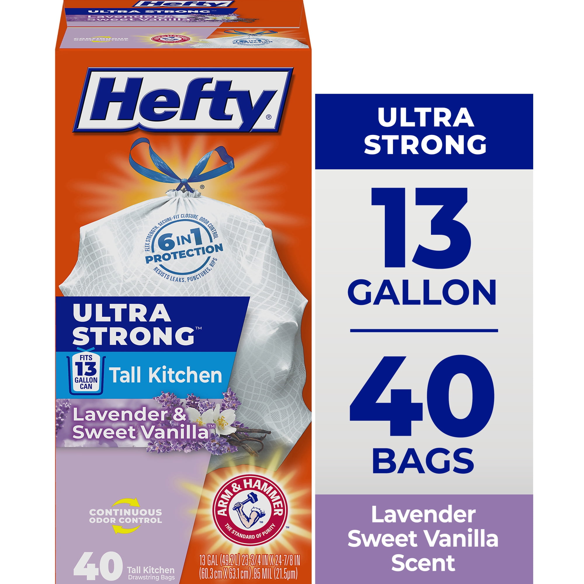 (2 pack) Hefty Ultra Strong 13 Gallon Trash Bags, Tall Kitchen Trash Bags, White, Lavender and Sweet Vanilla Scent, 40 Bags