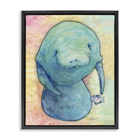 Stupell Industries Tropical Aquatic Manatee Among Fish Rainbow Watercolor Detail Black Floating Frame Canvas Art, 25 x 31, by Steve Vanderbosch