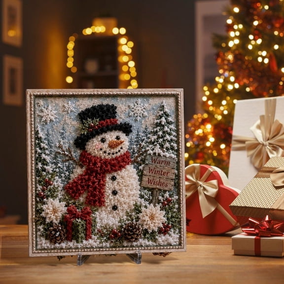 Christmas Fabric Art Kit, 7.87 in Snowman 3D Fabric Poke Art No-Sew Craft, Framed Winter Tabletop Decor, bldnkj