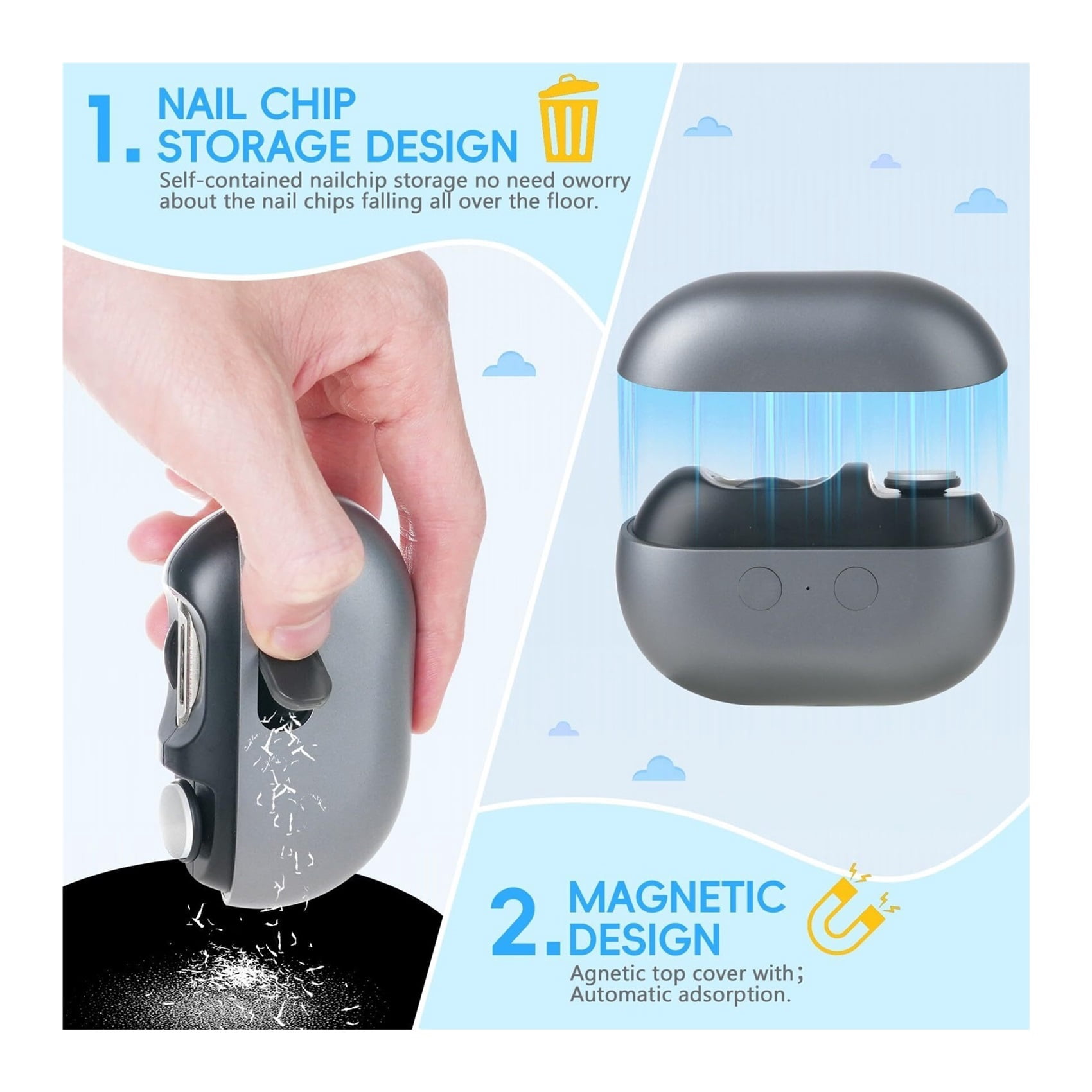Electric Nail Clipper, 3 in 1 Electric Nail Trimmer and Polisher with Clip Storage & LED Light, USB Rechargeable & 2 Speed Gears for Baby, Kids, Seniors and Adults (Frosted Black)
