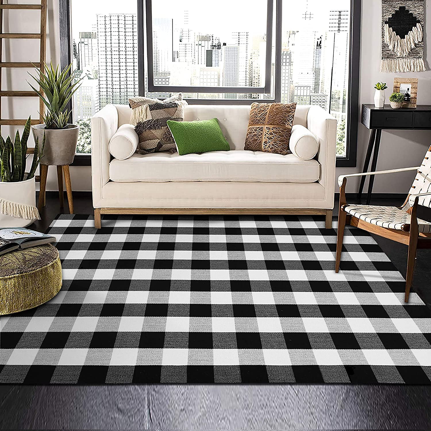 KaHouen Buffalo Plaid Rug, Buffalo Check  Area Rug 67"x90", Cotton Hand-Woven Washable Indoor Outdoor Area Rug Farmhouse、Dining Room、Bedroom、Living Room Rug (5.5X7.5 ft Black White  Area Rug)