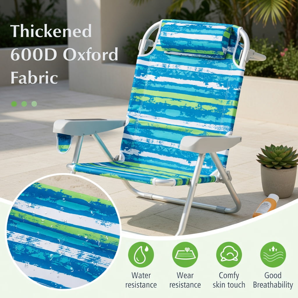 Hommoo Foldable Beach Chair with 5-Position Reclining Backrest, Cup Holder & Storage Pockets, Lightweight Aluminum Frame, Waterproof 600D Oxford Fabric, Blue & Green