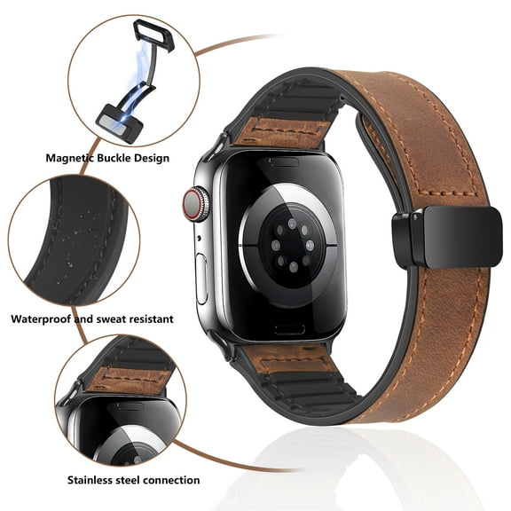 Magnetic Leather Band Compatible with Apple Watch Ultra2/1 42/44/45/49mm for Men Women, Soft Silicone Patchwork Leather Strap Replacement for Apple Watch Series 8/7/6/5/4/3/2/1/SE/SE2,Brown