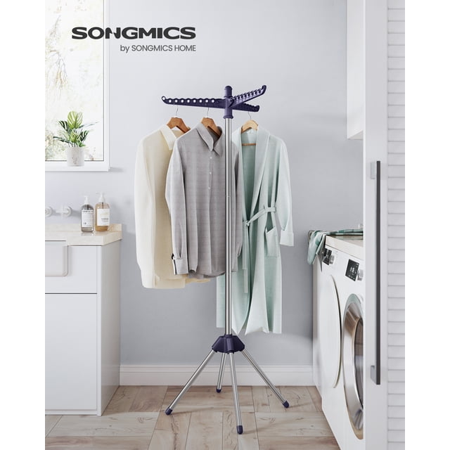 SONGMICS Clothes Drying Rack, 59-Inch Folding Laundry Drying Rack with 3 Rotatable Arms for Hangers, 4 Legs, Stainless Steel, for 27 Pieces of Clothes, Blue and Silver