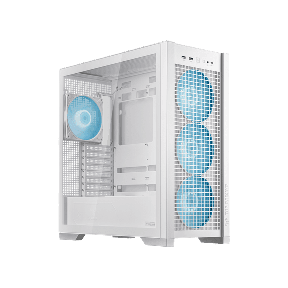 ASUS TUF Gaming GT302 ARGB White Edition ATX Mid-Tower Case Four 140 x 28 mm ARGB fans for high airflow and static pressure, interchangeable side panel, hidden-connector motherboard support