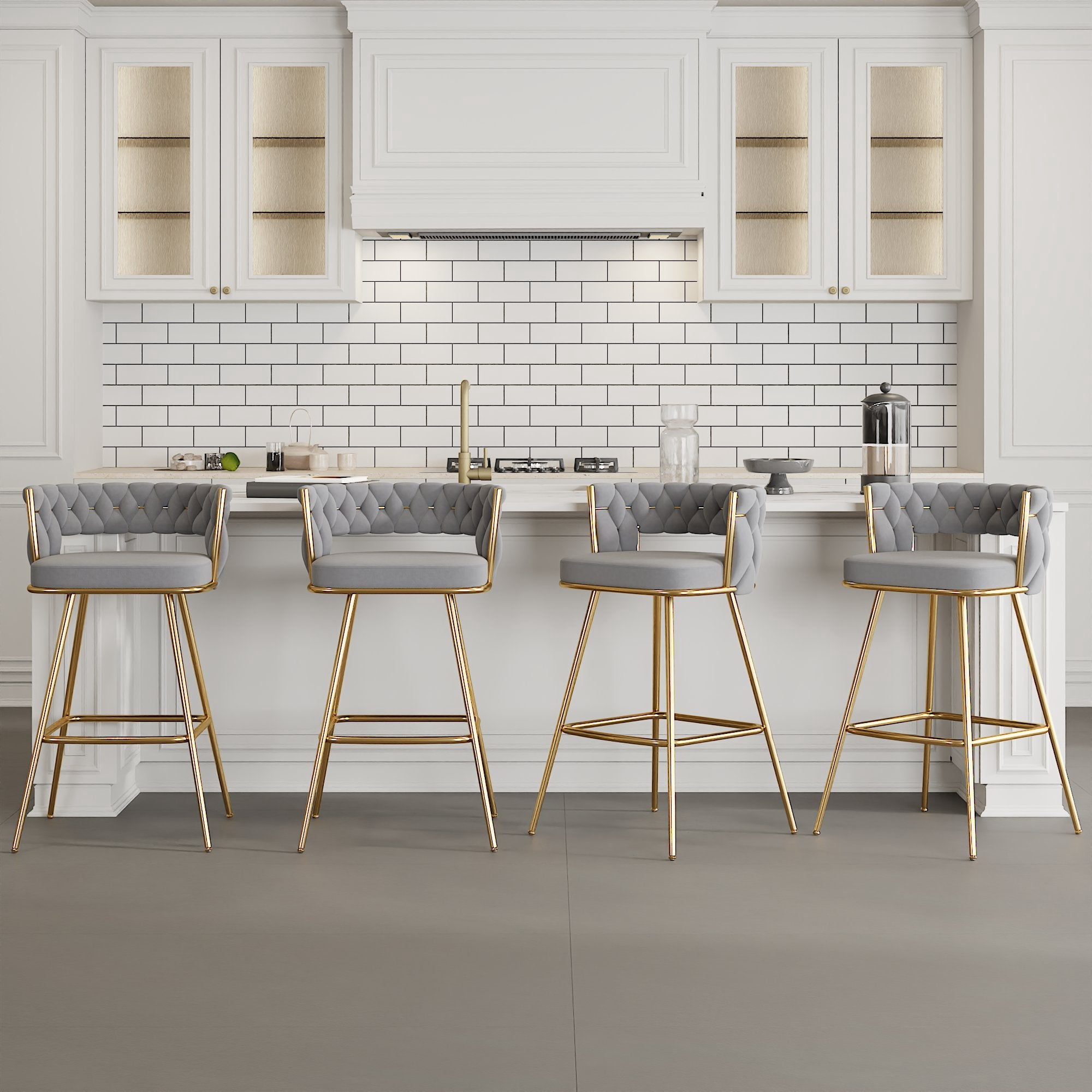 VECELO Modern Braided Bar Stools Set of 4 – Velvet Counter Height Stools with Woven Back Support & Footrest, Heavy-Duty Metal Frame Bar Chairs for Kitchen Island,Grey