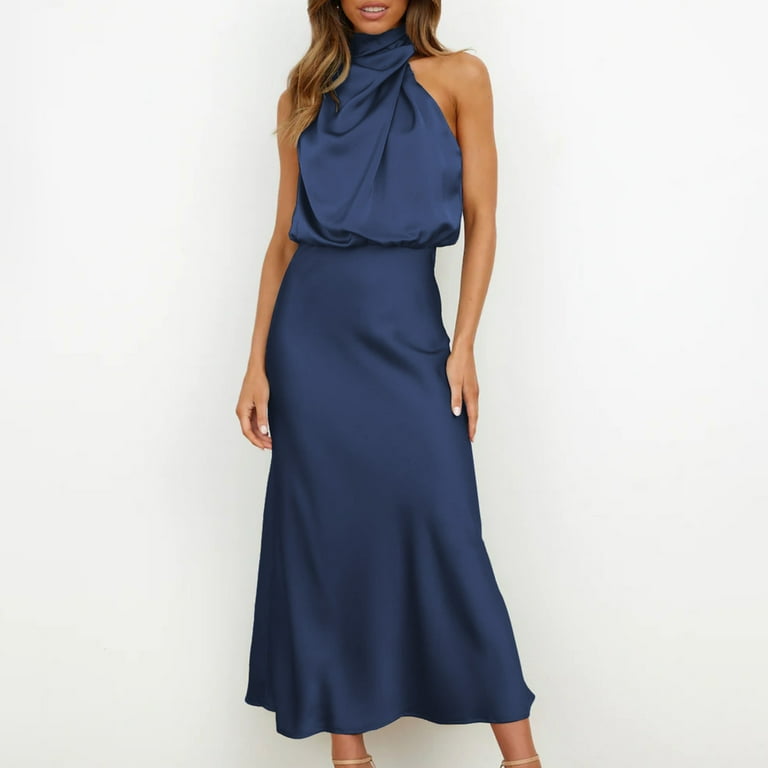 safuny Women's Tea Length Straight Dress Silk Solid Satin Pleated Trendy  Dresses Sleeveless Elegant Cocktail Wedding Evening Party Holiday Blue L -  Walmart.com