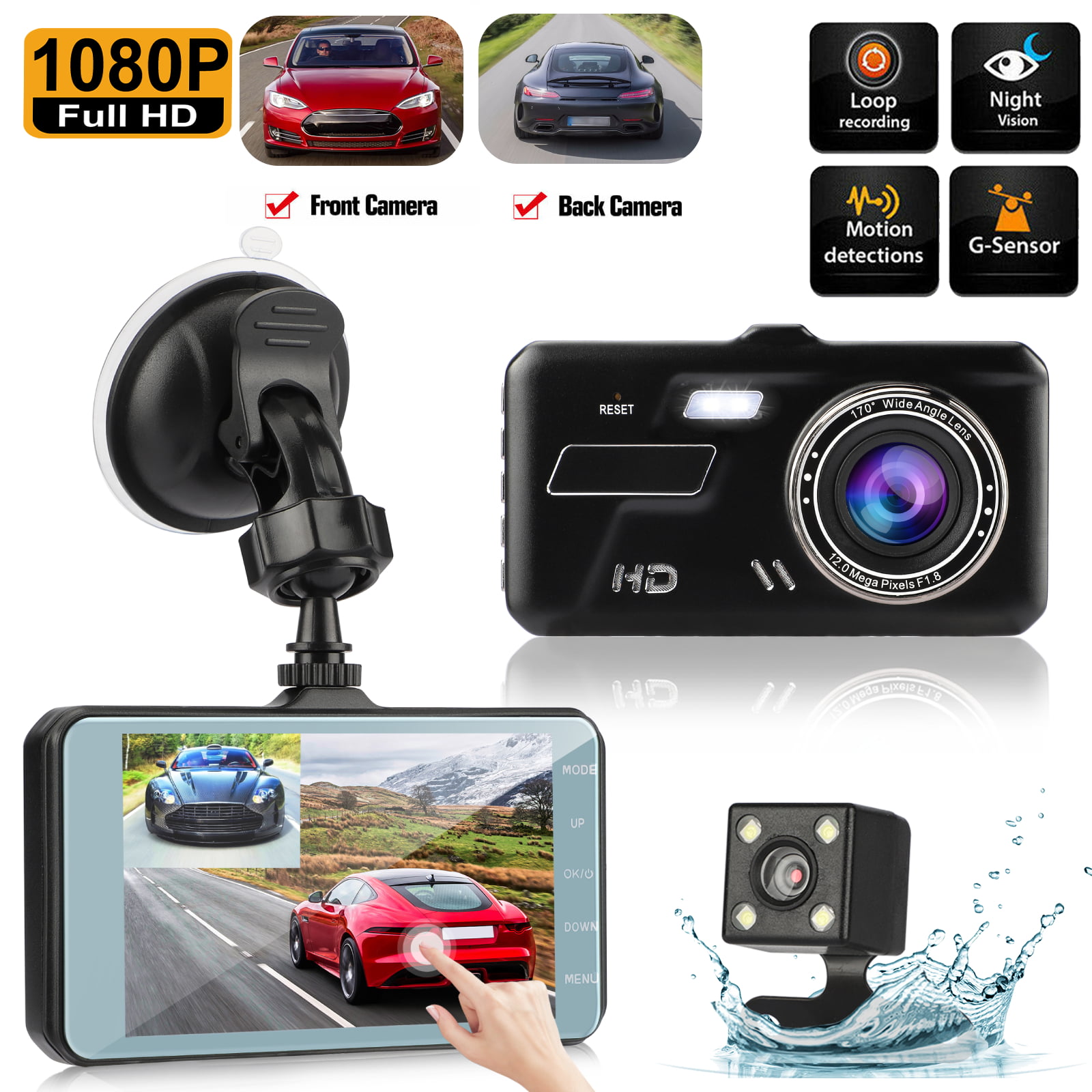 5 Inch Mirror Dash Cam 1080P Three Lens IPS Touch Screen Night Vision Reversing Image Car DVR Driving Recorder with Parking Monitor Loop Recording 