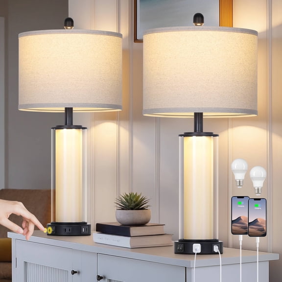 Cinkeda 26.25" Industrial Black Table Lamps Set of 2 for Living Room Bedroom Modern Clear Glass with Dual Rectangular Toggle switches, Night Light, USB A C Ports & AC Outlet