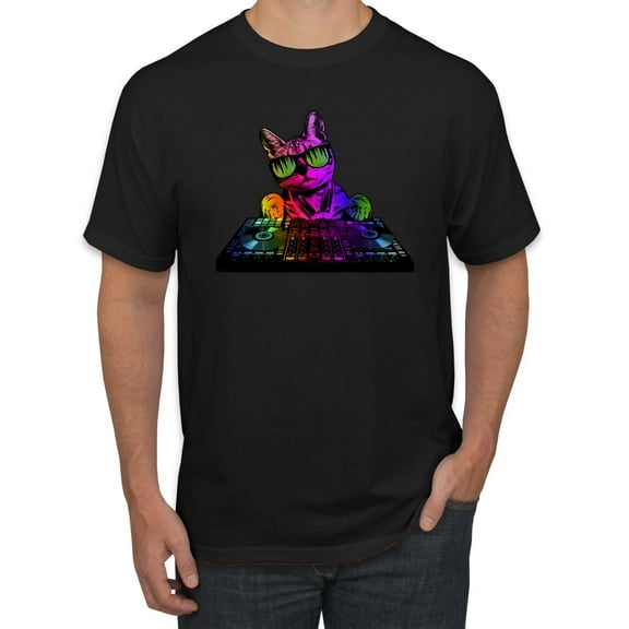 Neon Retro Rainbow DJ MC Hip Hop Cat | Mens Cat Lover Graphic T-Shirt, Black, Small