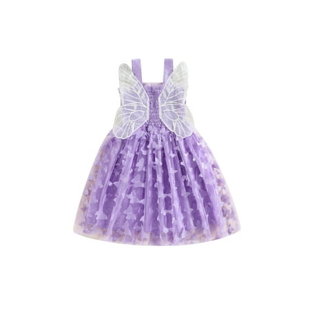 

Arvbitana Toddler Baby Girl Princess Dress Sleeveless Sling Layered Tulle Dresses with Butterfly Wings Summer Mesh Fluffy Outfits Cosplay Costumes 6M-4T