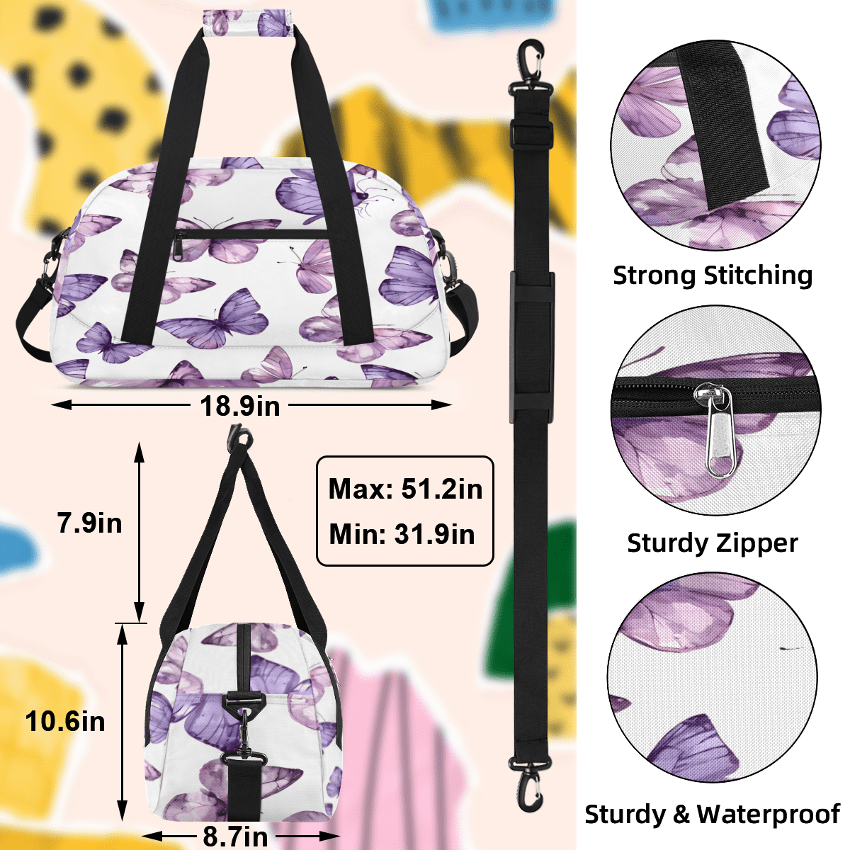Herdesigns Sports Duffle Bags Travel Duffle Bag Gym Bag Butterfly Weekender Travel Bag Waterproof Overnight Bag Carry On Travel Tote Bag Dance Bags