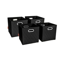 JIAessentials Set of 4 Foldable Faux Leather Cube Storage Bins Collapsible Baskets 12 inch with Dual Handles - Black Medium