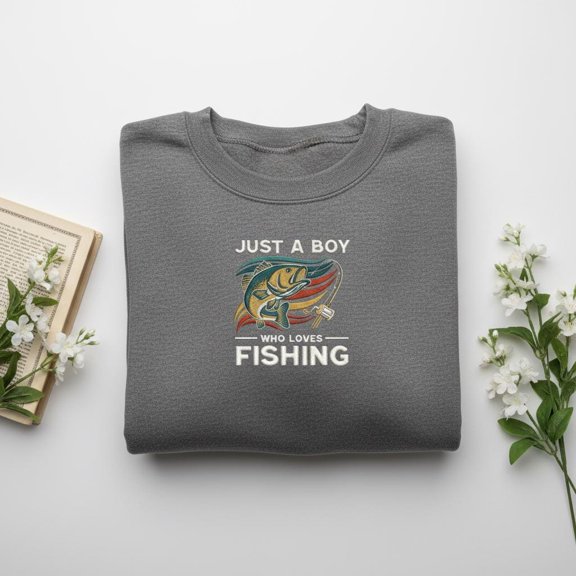 Just a Boy Who Loves Fishing Embroidered Sweatshirt, Bass Angler Crewneck, Fisherman Gift for Him, Dad, Son, Outdoor Apparel
