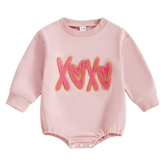 Staki Valentine's Day Toddler Newborn Infant Valentines Baby Girl Outfit Love Print Romper Drees Ruffles Bodysuit Jumpsuit Clothes and Headband 0-18M(Pink,6-12 Months)