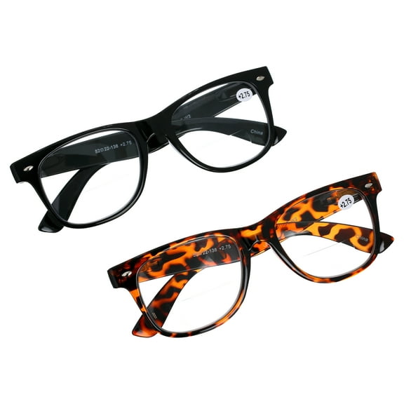 2 Pairs of Comfortable Classic Retro Reading Glasses - Bifocals - Spring Hinge - Gloss Black and Gloss Tortoise Frame