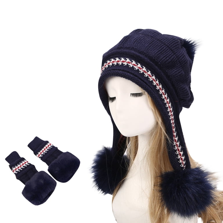 Women’s Navy Blue Winter Fleece-Lined Chunky Knit Beanie Snow Hat Cap Winter Hats for Women Fleece Lined Beanie Knit Chunky Womens  main image 3