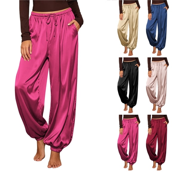 Bloomae Women Satin Pants Balloon Silk Casual Drawstring Elastic High Waist Dressy Harem Trousers Loose Flowy Oversized Baggy Joggers Going Out Lounge Pants with Pockets