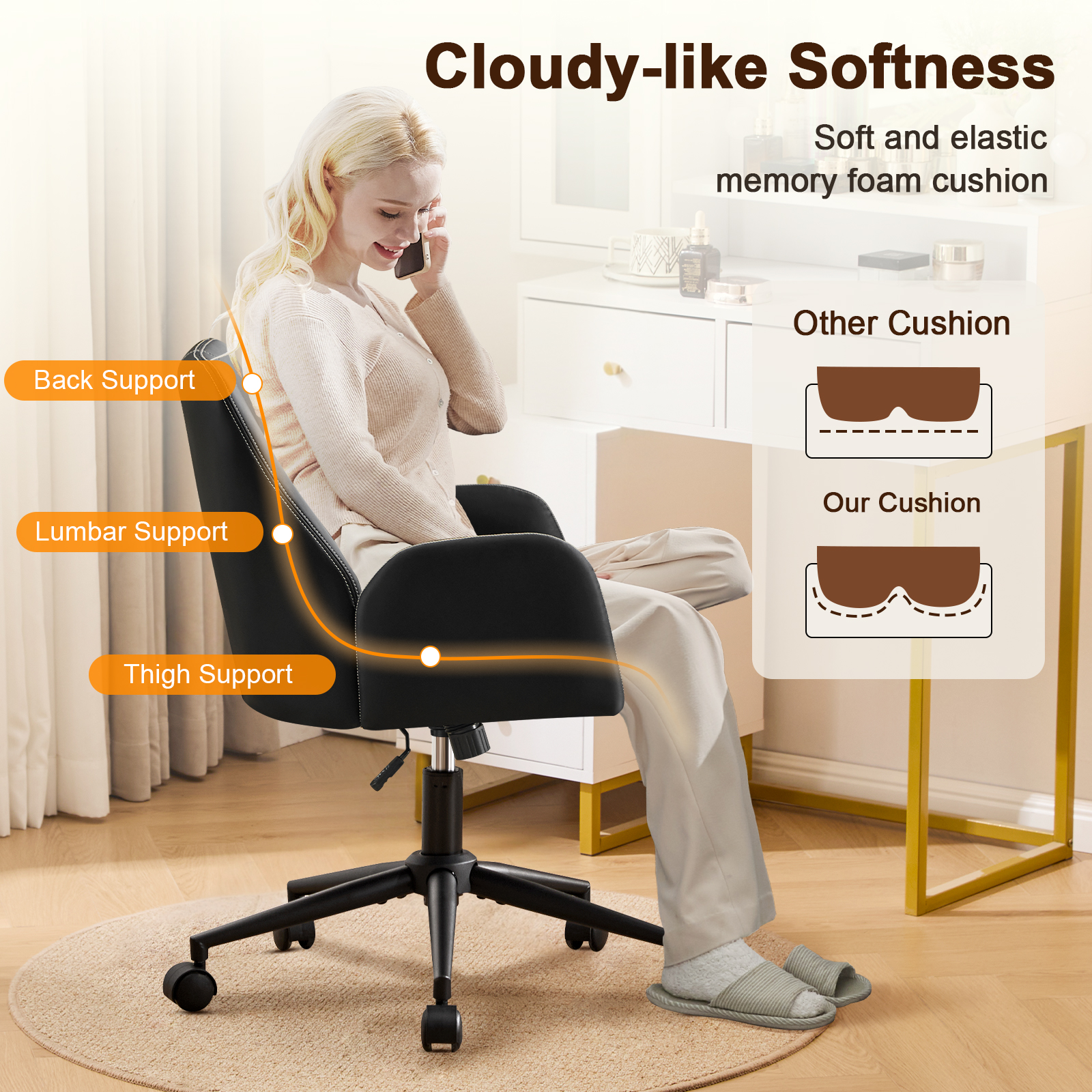 Modern Home Office Desk Chair, Faux Leather Ergonomic Desk Chair with Adjustable Height, Rolling Swivel Computer Chair, Mid-Back Armchair Task Chair for Office, Study Room, Beige