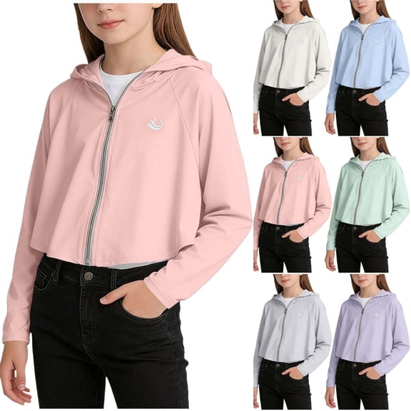 HAOTAGS Girls Athletic Jackets,Long Sleeve Hooded Full Front Zip UPF 50 Breathable Sun Protection Pink 9-10 T
