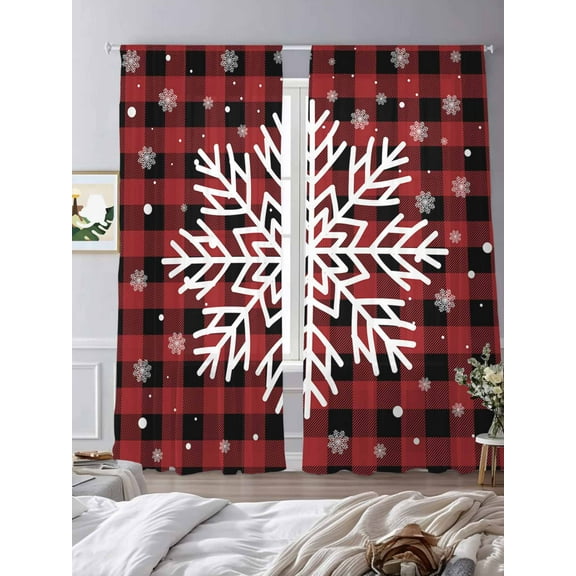 Merry Christmas Sheer Curtains 84 inches Long 2 Panels Set Snowflakes,Buffalo Plaid Red Black Tiers Sheers Rod Pocket Small Window Short Curtains for Kitchen Cafe, Each 52" W x 84" L
